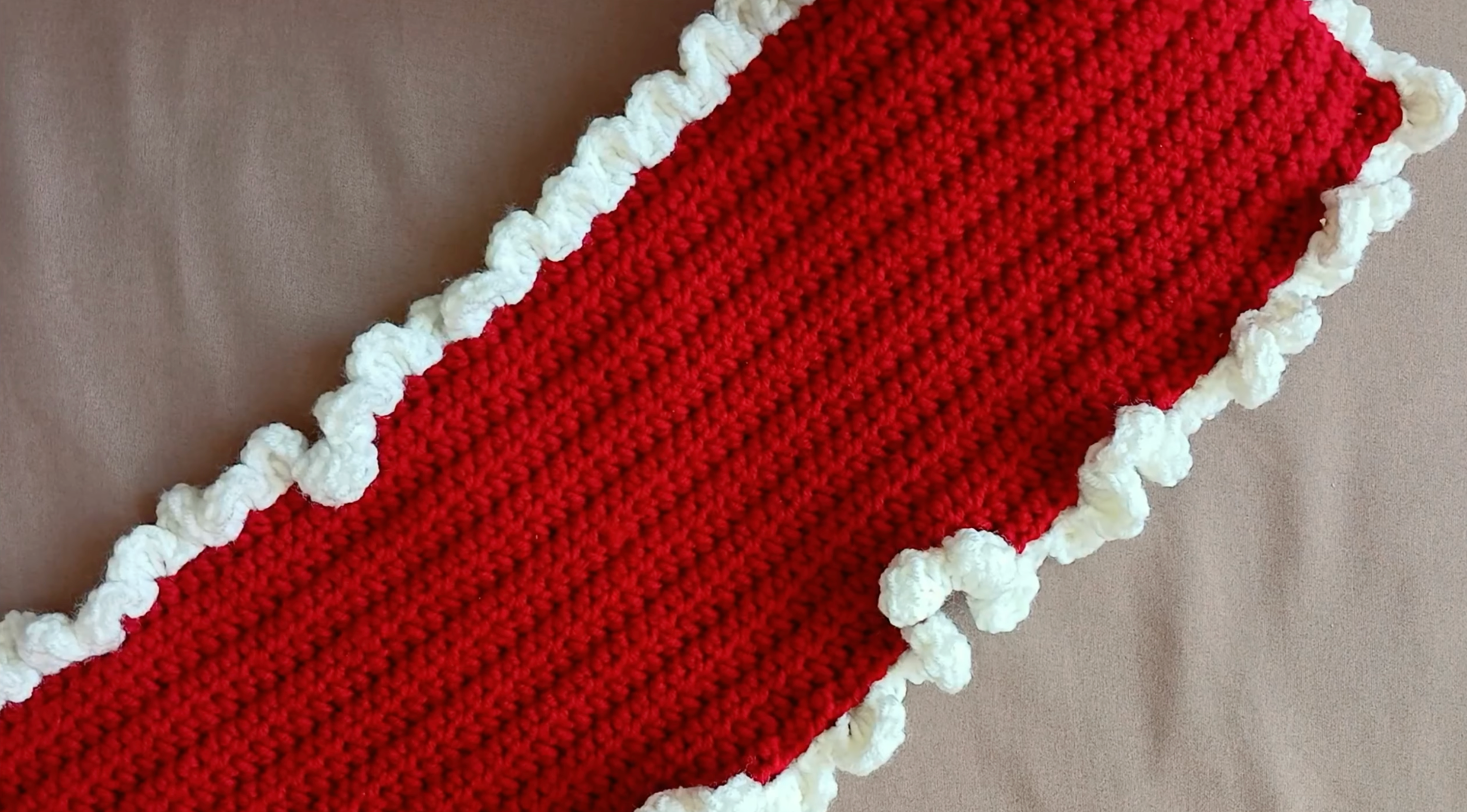Red Crochet Scarf With White Frills