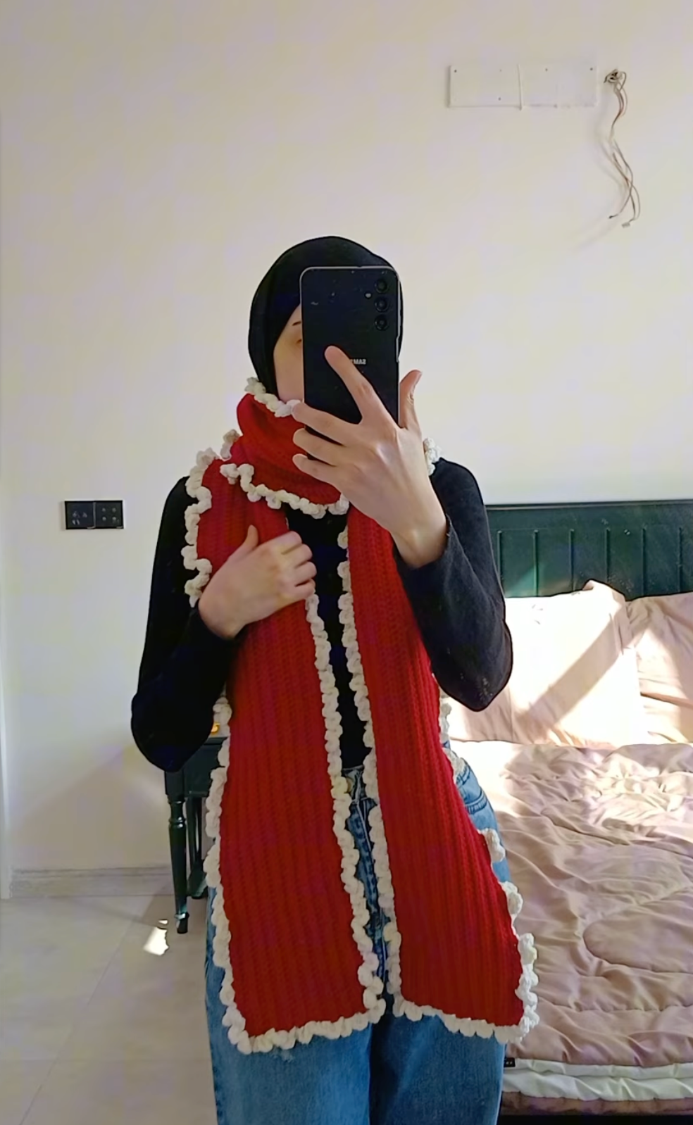 Red Crochet Scarf With White Frills